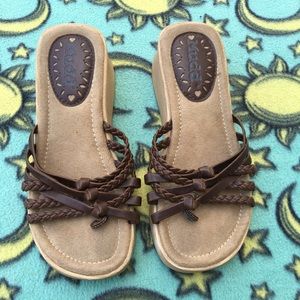 Brown wedge flip flop sandals, Mudd, size 6